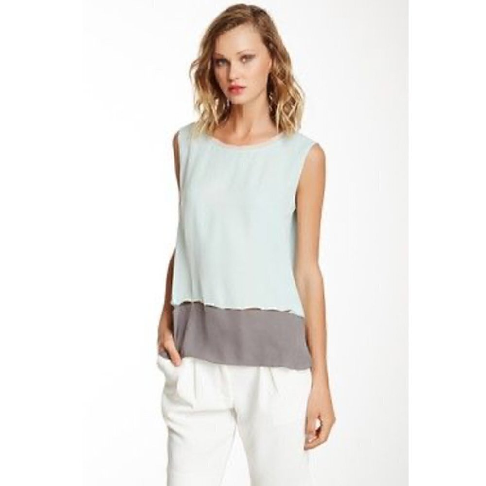elie tahari Tank Top XS Silk Asher Contrast Mint Luxury Delicate Cut Out Raw Hem